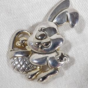 Vintage MJ Bunny Rabbit w/Basket Brooch Pin/Pendant Silver Tone